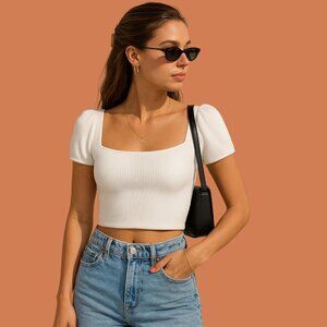 H&M Divided White Ribbed Puff Sleeve Crop Top | Size M